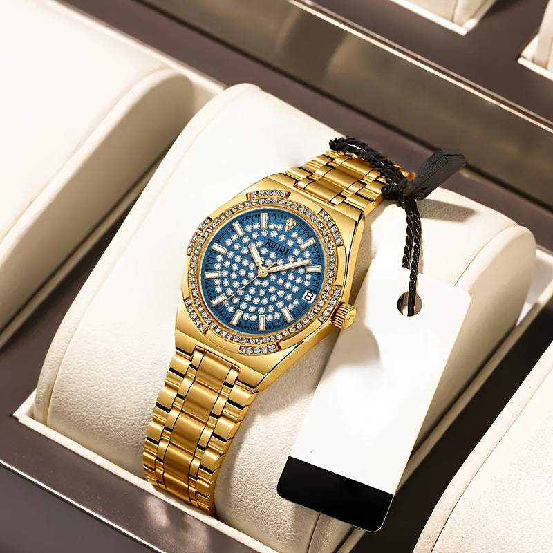 Automatic Mechanical Women's Watch — Rhinestone Dial, Calendar, Luminous Hands, Battery-Free, Stainless Steel Band