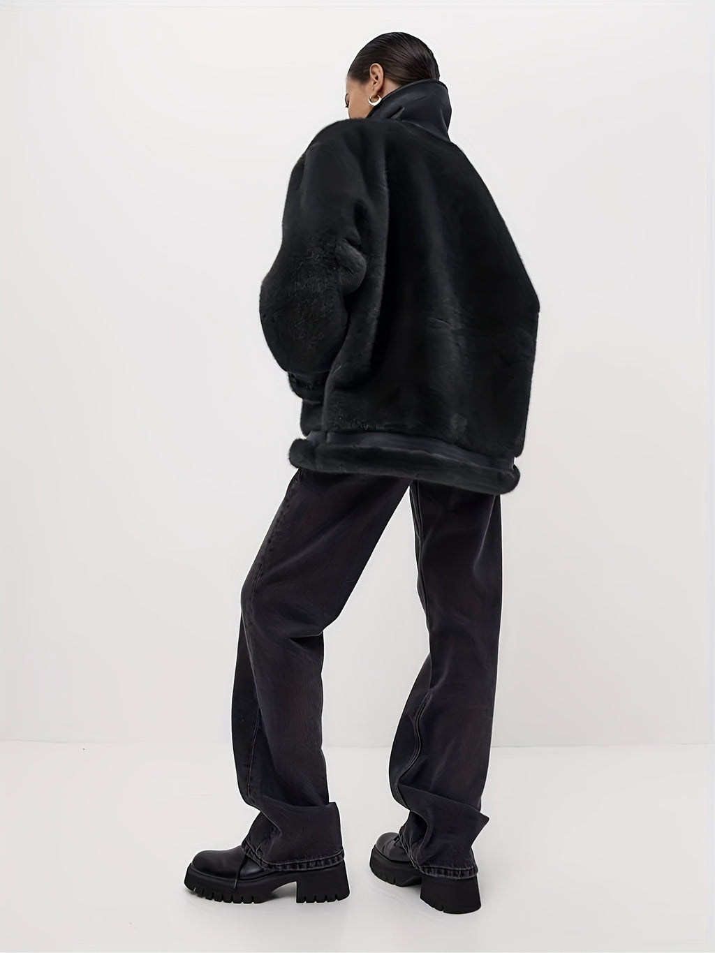 AFTF BASIC Women's Long Faux Mink Fur Jacket, Asymmetrical Hem Motorcycle Coat with Turnover Collar and Faux Fur Lining