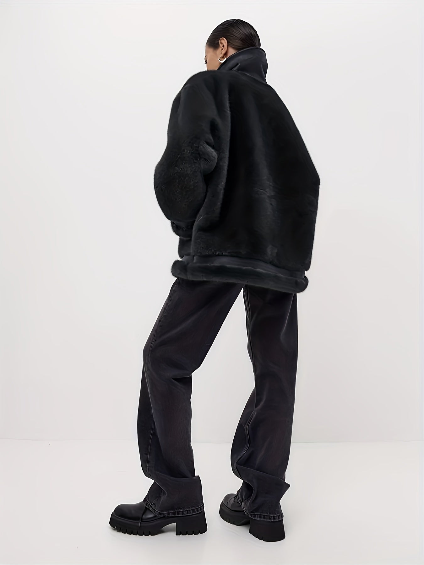 AFTF BASIC Women's Long Faux Mink Fur Jacket, Asymmetrical Hem Motorcycle Coat with Turnover Collar and Faux Fur Lining