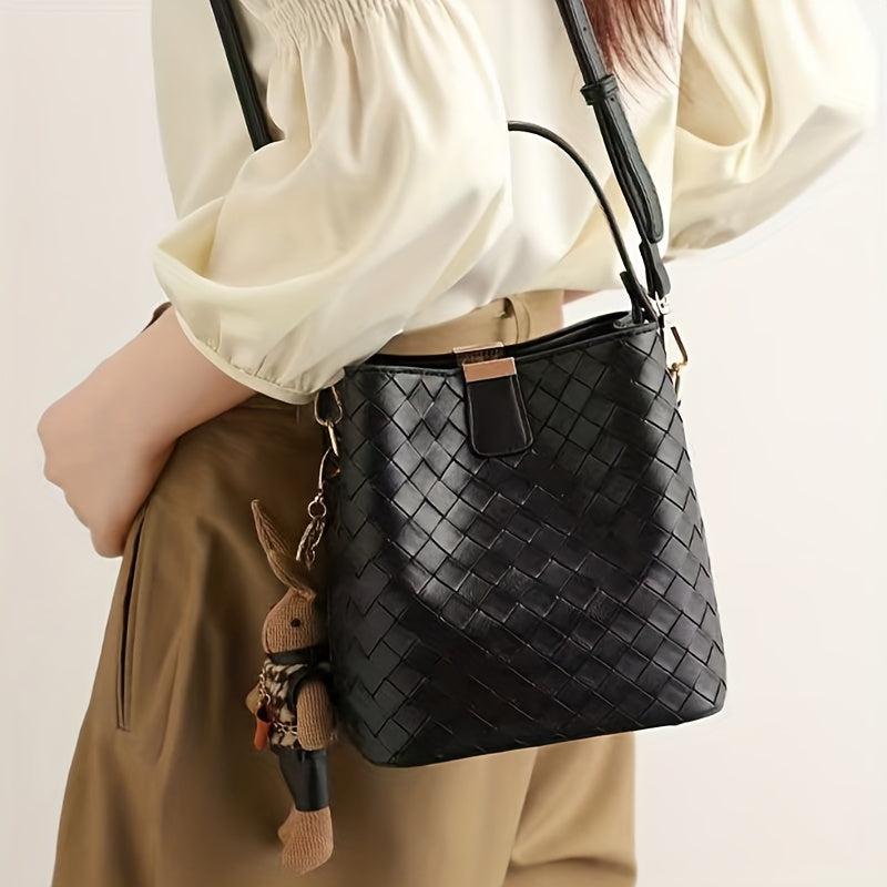 Women's Woven Faux Leather Bucket Handbag - Black Crossbody Shoulder Bag with Golden Hardware, Magnetic Closure, Adjustable Detachable Strap