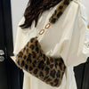 Women's Leopard Print Fluffy Shoulder Bag with Gold-Tone Chain Strap – Crossbody Zipper Purse, Polyester-Lined