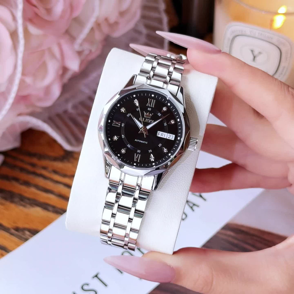 OLEVS Women's Automatic Mechanical Watch - Stainless Steel Dual Calendar Luminous Rectangular Case