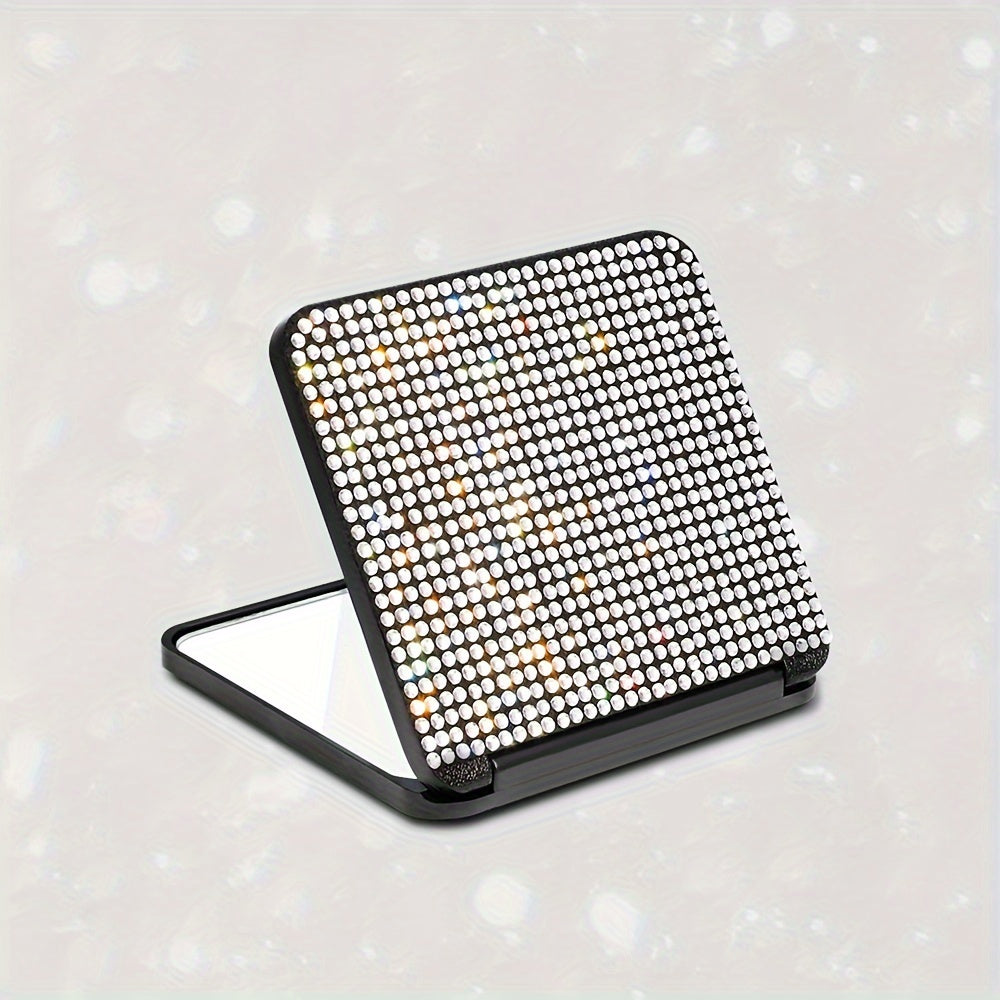 Sparkling Rhinestone Folding Compact Makeup Mirror - Dual-Sided Square Pocket Mirror for Purse & Handbag, Battery-Free
