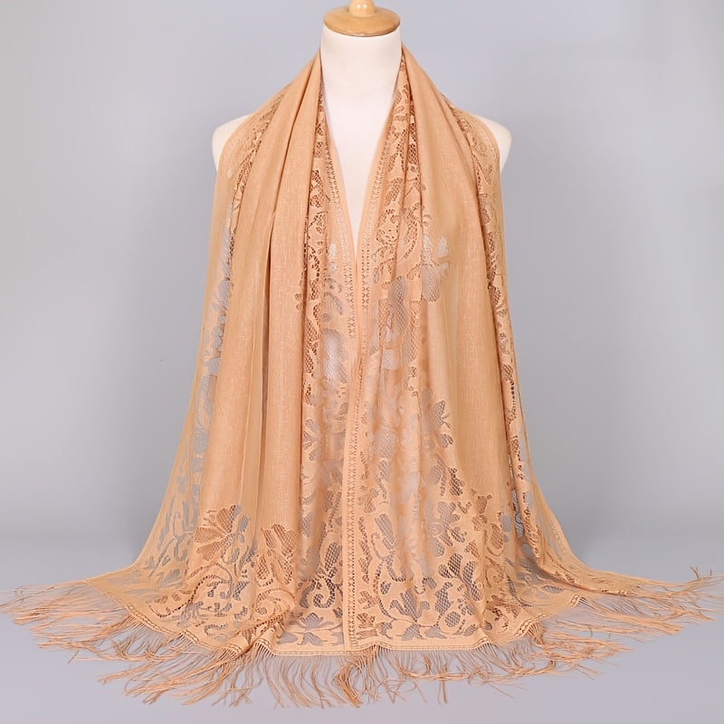 Floral Lace Tassel Scarf Shawl for Women - Bridal Mesh Fringe Wrap for Wedding & Evening