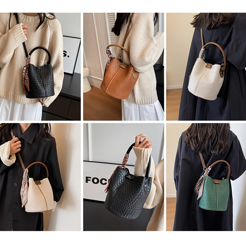 Women's Woven Bucket Handbag & Crossbody Bag - Detachable Strap, Gold-Tone Hardware, PU Leather Tote (Black, Beige, Green, Dark Brown)