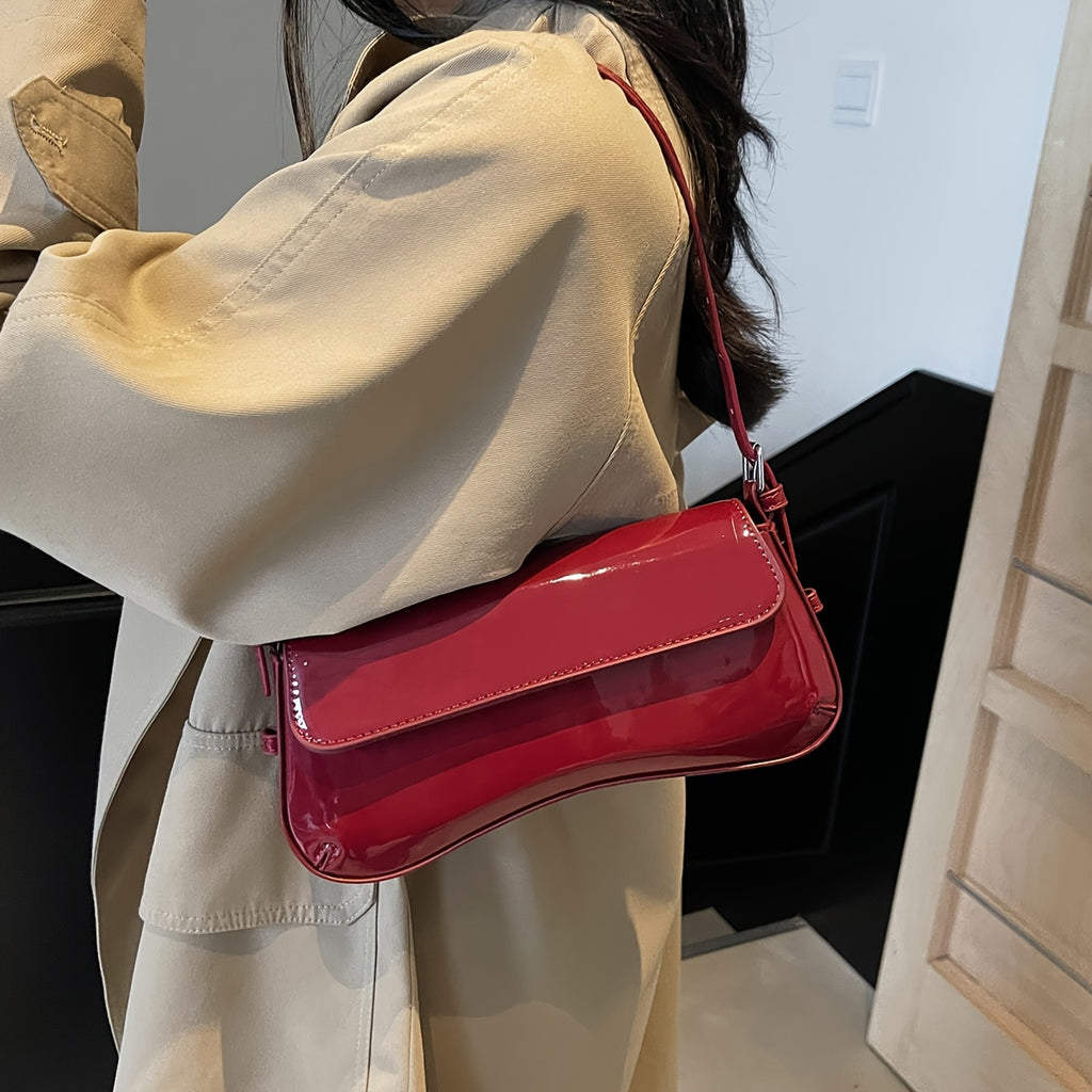 Burgundy PU Baguette Shoulder Bag - Adjustable Strap, Magnetic Closure, Two-Tone Hardware, Glossy Purse for Office & Date Night