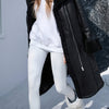 AFTF BASIC Women's Mid-Length Plush-Lined Jacket with Fur-Trim Collar and Asymmetrical Hem, Machine Washable All-Season Black Coat