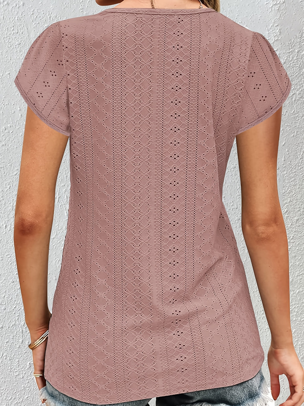 Elegant Women's Lace V-Neck Top — Petal Short Sleeves, Lightweight Summer Blouse