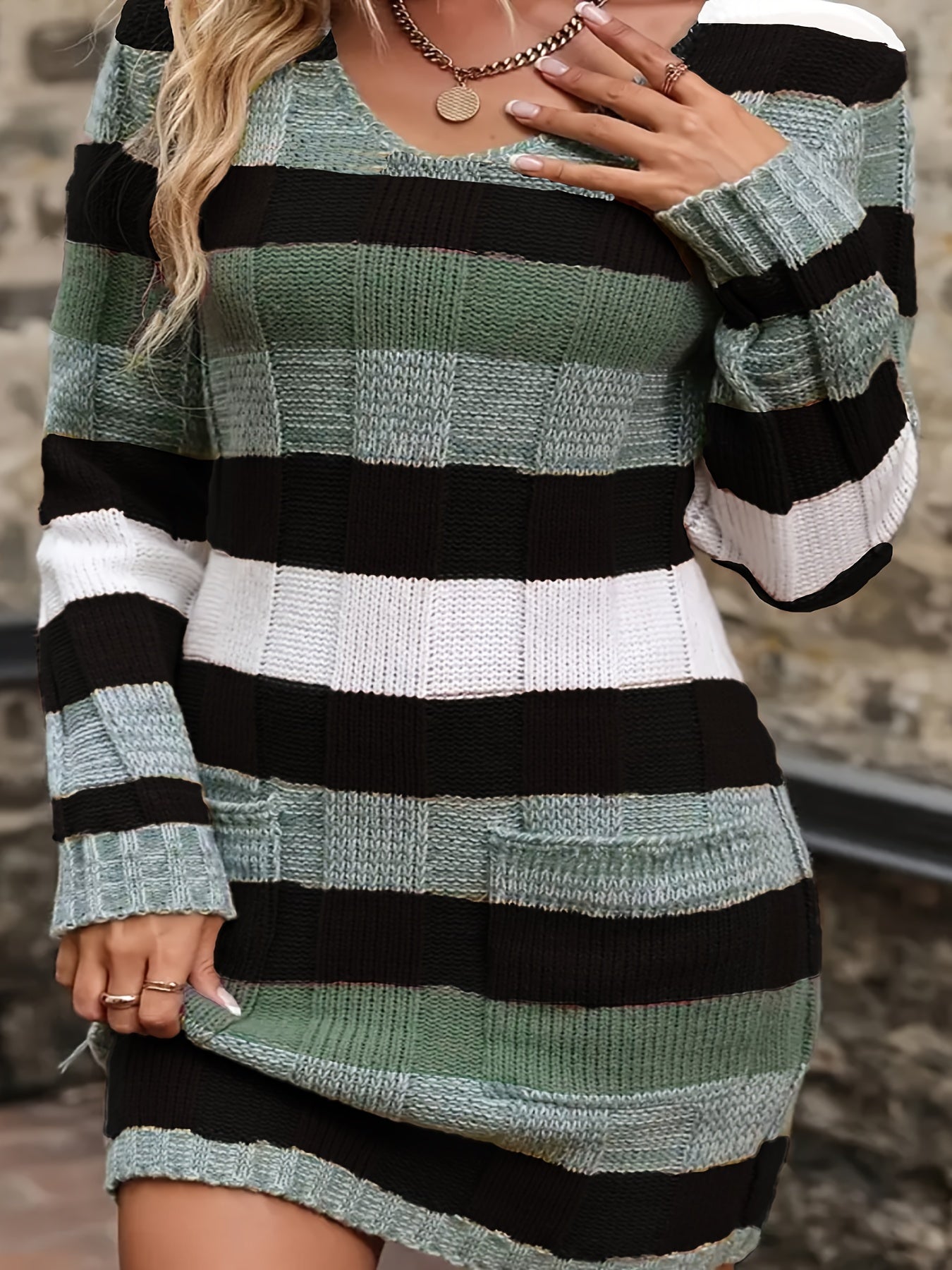 Plus Size Olive Green & White Striped V-Neck Sweater Dress – Long Sleeve with Pockets, Oversized Fall/Winter
