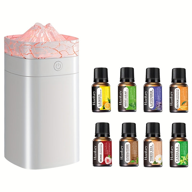 Volcano Dazzle Aroma Diffuser Humidifier with 8-Pack Essential Oil Set — Sweet Orange, Lemon, Vanilla, Sandalwood, White Tea, Peppermint, Lavender, Rose — Home Fragrance & Candle Making