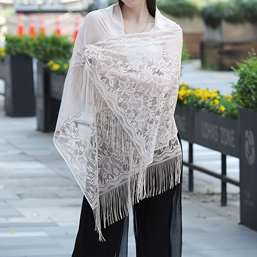 Lace Bridal Shawl – Embroidered Wedding Scarf with Tassels, Windproof Head Wrap & Church Veil