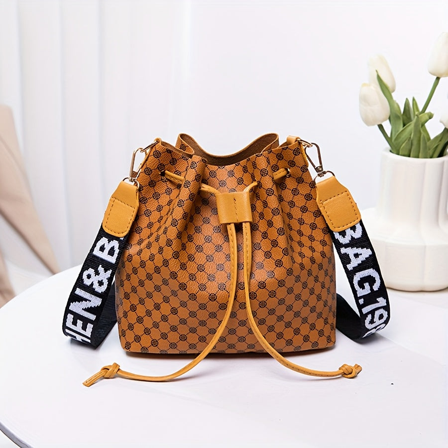 Women's PU Bucket Bag - Large Capacity Drawstring Crossbody & Shoulder Bag with Geometric Print