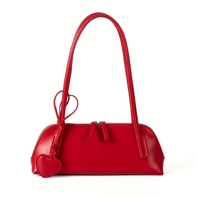 Heart Charm Large Capacity Baguette Shoulder Bag - PU Handbag for Women