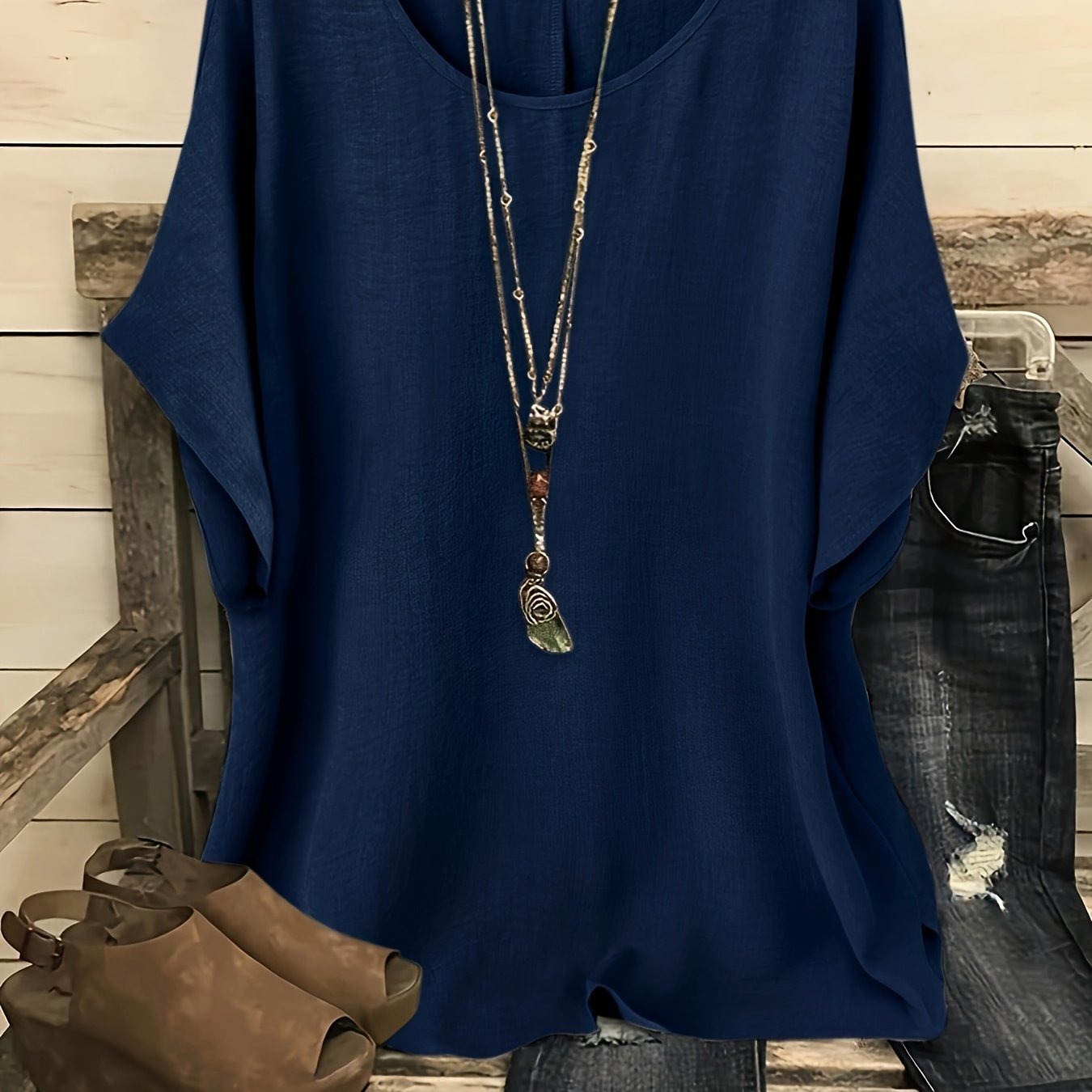 Plus Size Women's Casual Summer Batwing Sleeve Blouse - Olive Green Round Neck Short Sleeve