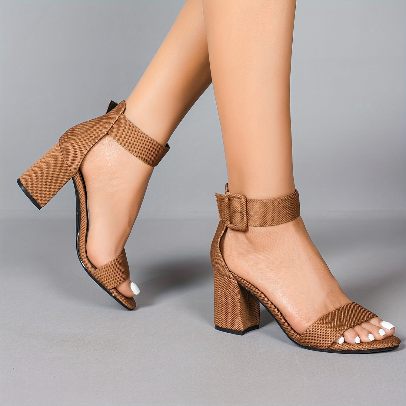 Lightweight Breathable Women's Knit Heeled Sandals - Minimalist Open Toe Block Heel with Adjustable Ankle Strap, 11 Colors