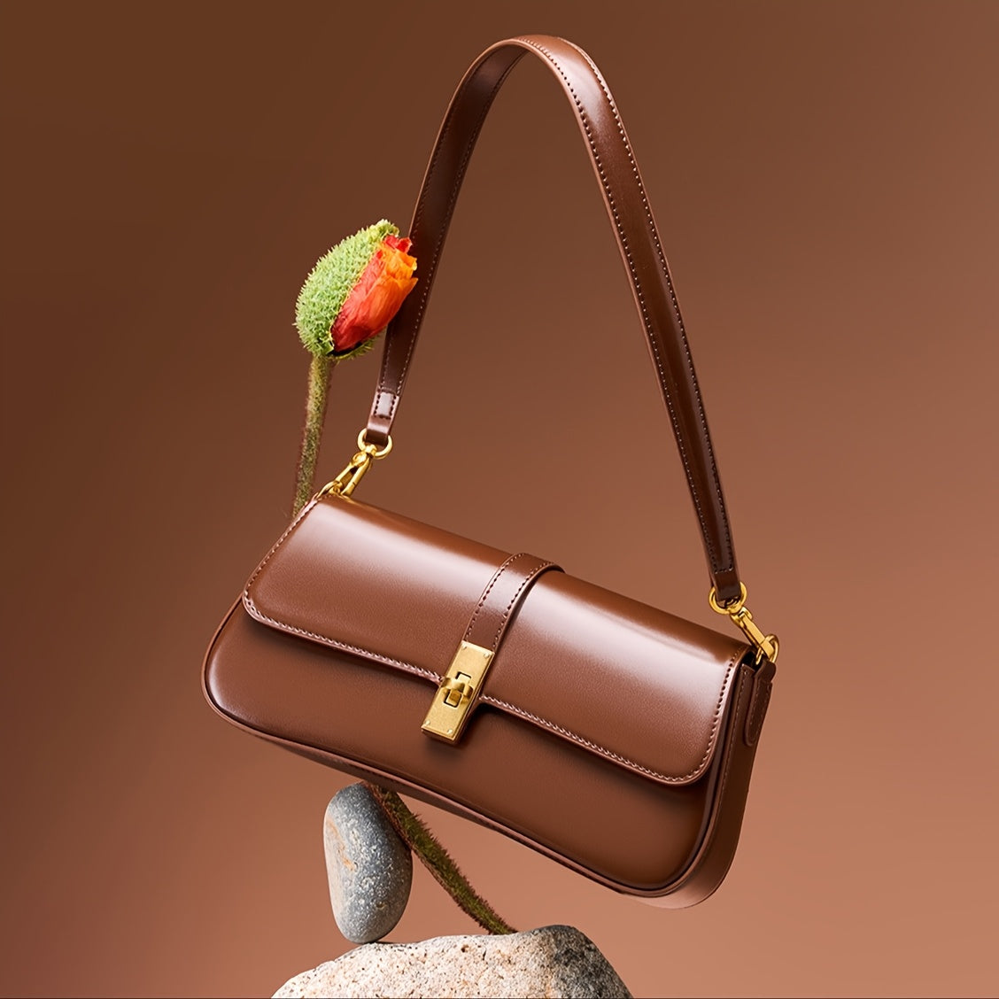 Women's Baguette Bag – Chic Detachable-Strap Crossbody Purse with Gold-Tone Clasp, Split Leather (Black, Burgundy, Silvery Grey, Coffee)