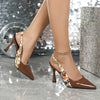 Women's Pointed-Toe Ankle-Strap Stiletto Sandals – Ultra-High Kitten Heel, PU Upper & TPU Sole, Glossy Party Heels