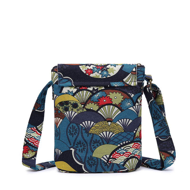Vintage Floral Ethnic Crossbody Bucket Bag for Women – Canvas Flap Purse with Adjustable Strap