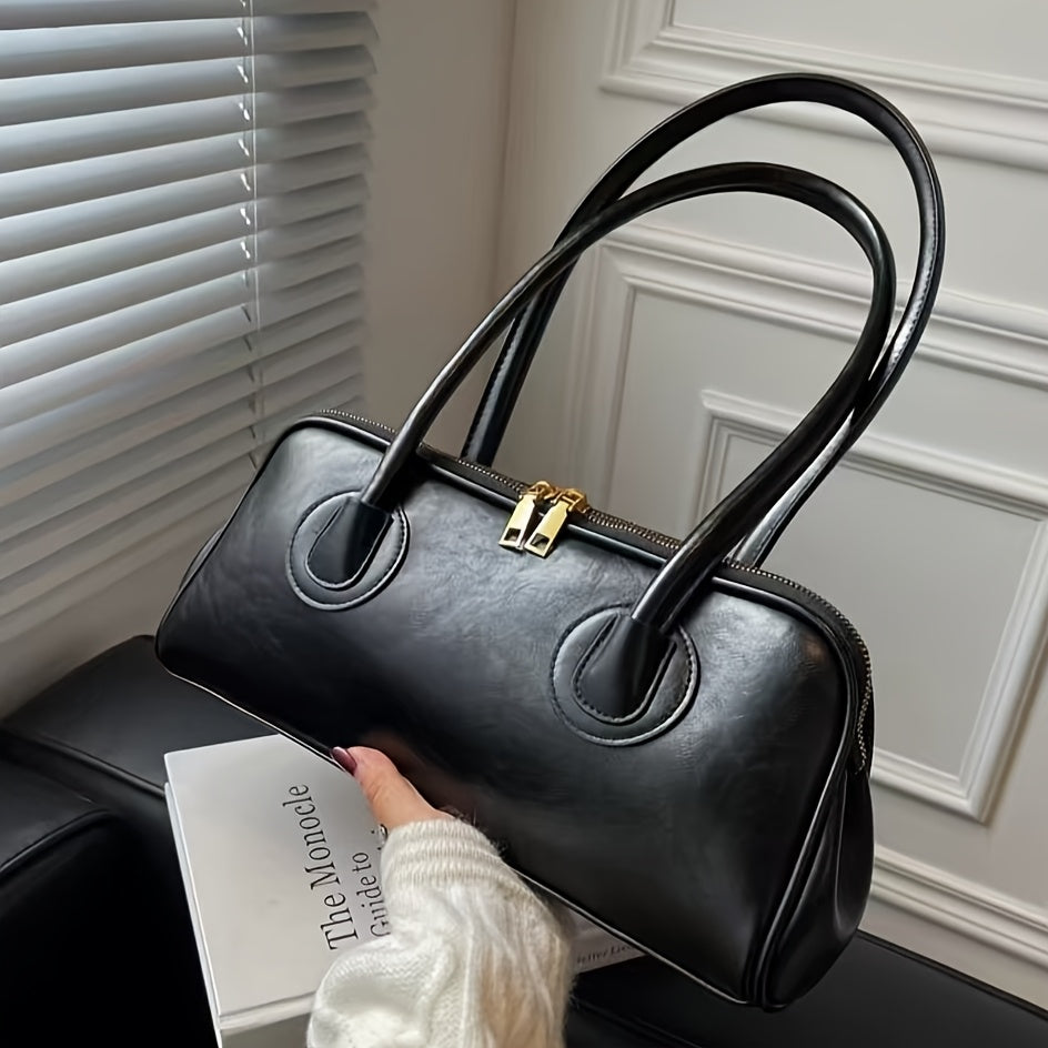 Vintage Women's Shoulder Bag – French Baguette Underarm PU Leather Bag, Zipper Closure, Black with Gold Hardware