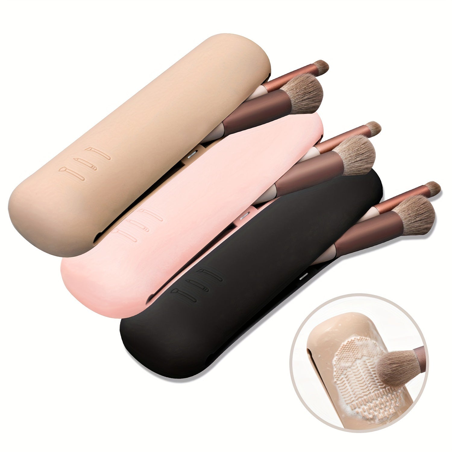 Beige Silicone Travel Makeup Brush Holder - Magnetic Closure, Anti-Fall Portable Makeup Brush Organizer