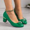 Women's Black Rhinestone Bow Pumps, Glossy Slip-On Block Heel Round Toe Dress Shoes
