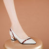 Women's Black Pointed-Toe Pumps with Floral Accent | Chunky Block Mid Heel, Comfortable Insole — All-Season Dress Shoes