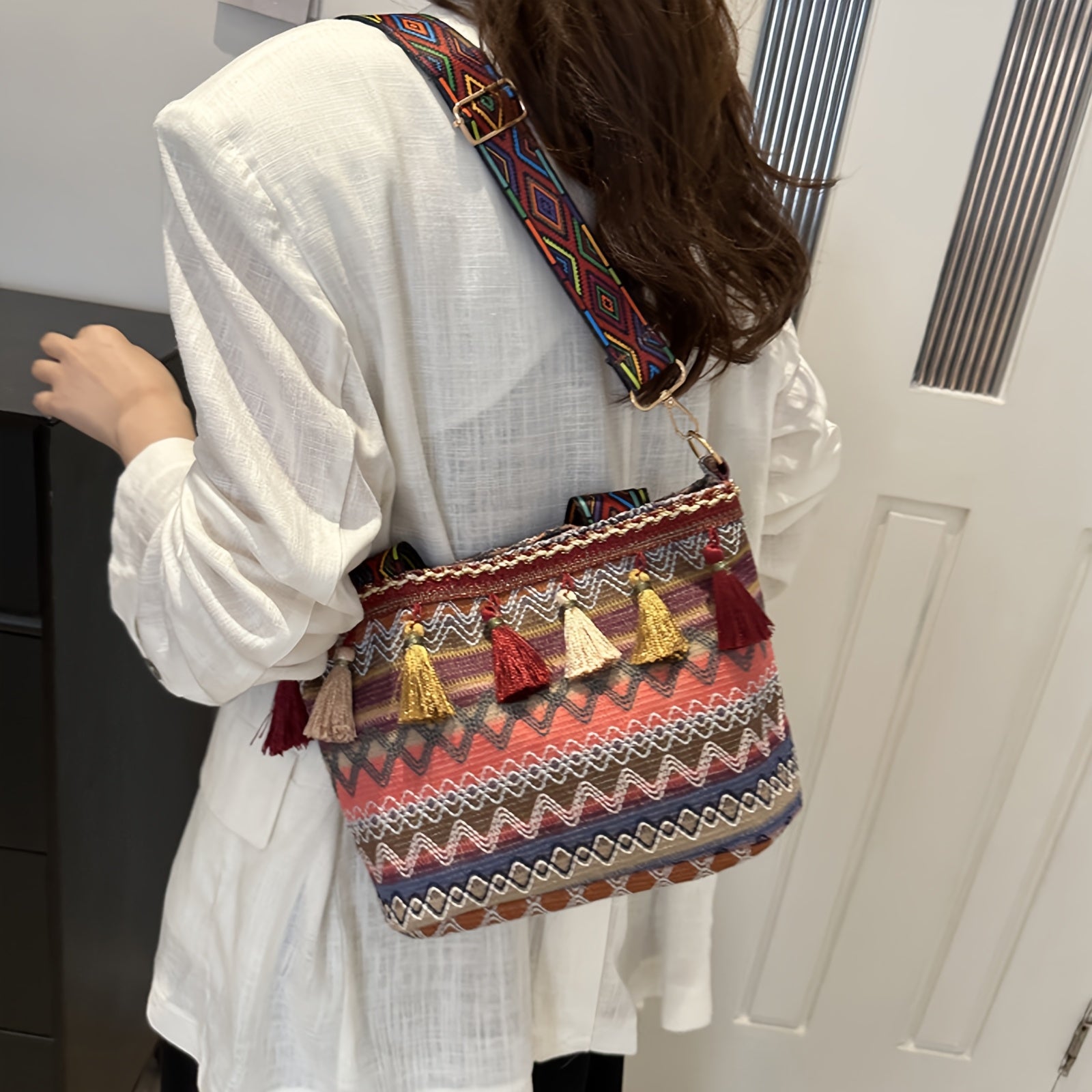 Boho Woven Fringe Bucket Bag – Geometric Embroidery, Adjustable Wide Strap, Lightweight Polyester Tote for Women