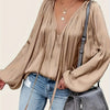Green French Satin Tie-Front Blouse V-Neck Long Sleeve Ruched Top for Women