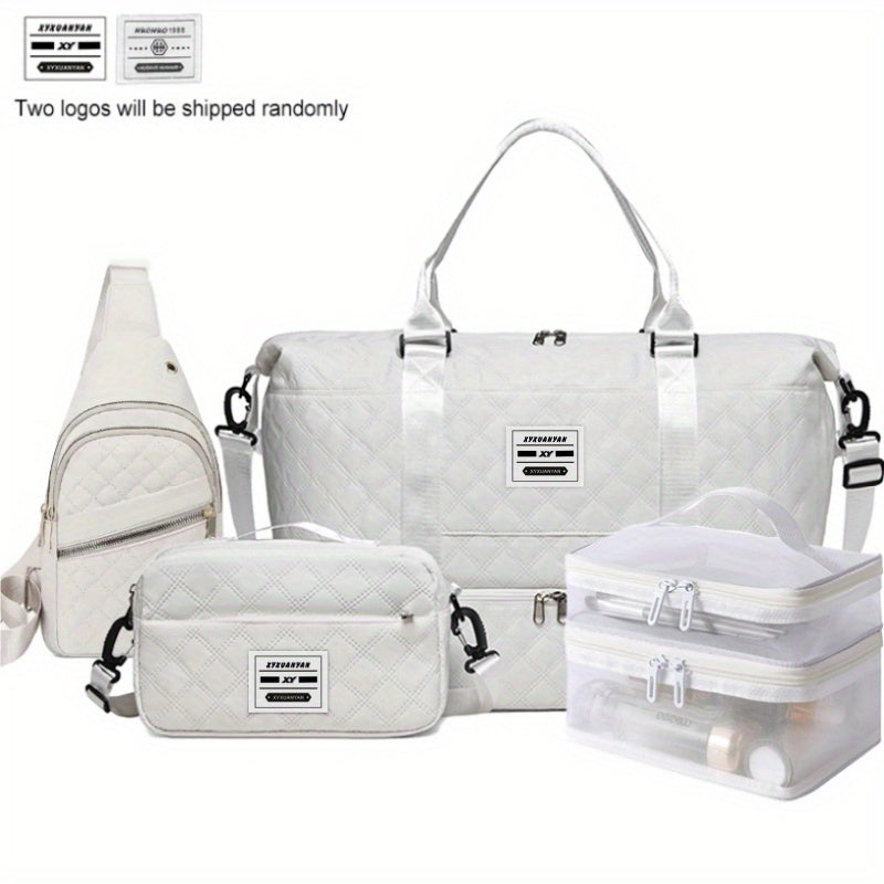 4-in-1 Travel Tote Bag Set – Large Capacity Travel & Gym Tote with Chest Bag, Makeup Pouch & Waist Pack – White, Black, Pink
