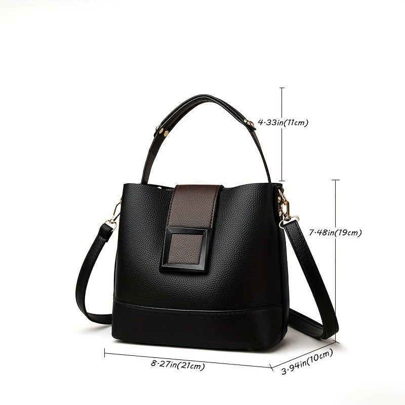 Elegant Solid Color Bucket Bag with Adjustable Shoulder Strap - Lightweight PU Handbag with Zipper Closure