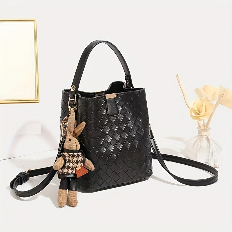 Women's Woven Faux Leather Bucket Handbag - Black Crossbody Shoulder Bag with Golden Hardware, Magnetic Closure, Adjustable Detachable Strap