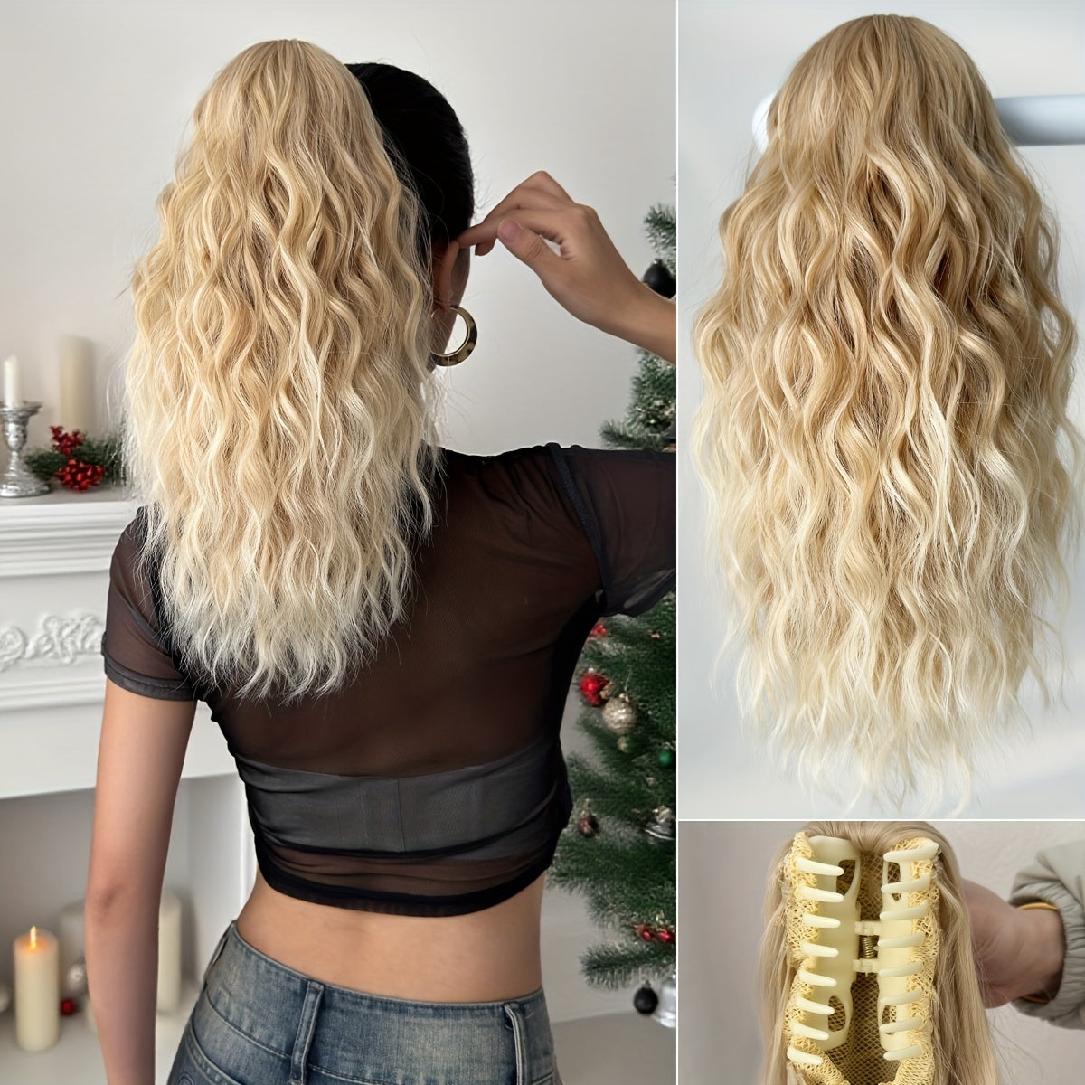 16-Inch (40 cm) Water Wave Claw Ponytail Extension – Heat Resistant Ombre Synthetic Hairpiece for Women