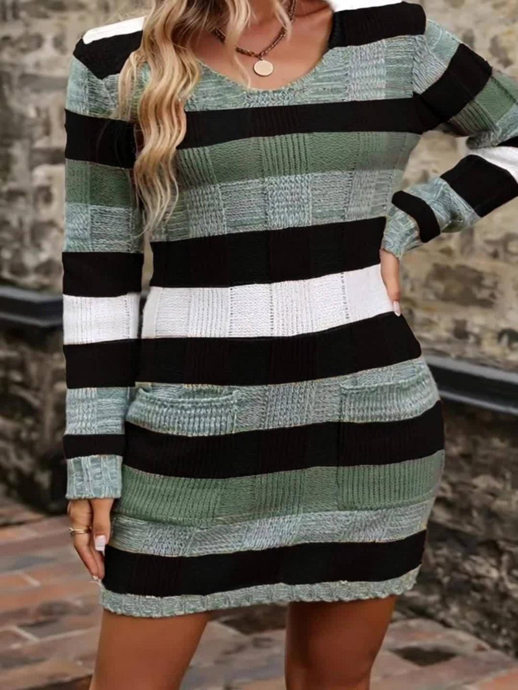 Plus Size Olive Green & White Striped V-Neck Sweater Dress – Long Sleeve with Pockets, Oversized Fall/Winter