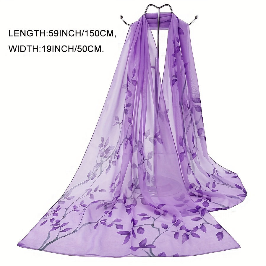 Sheer Bamboo Leaf Chiffon Shawl Scarf – Lilac & Green Lightweight Wrap for Beach, Wedding & Party, 59 x 19 in (150 x 50 cm)