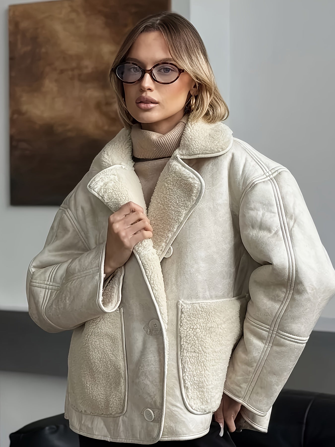 Women’s Cream Faux Fur-Lined PU Leather Jacket — Thick Winter Coat with Turtleneck, Asymmetrical Hem & Side Pockets