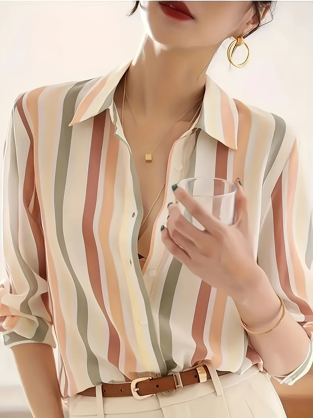 Women's Black & White Vertical Striped Button-Up Shirt — Lightweight Polyester Long Sleeve Collared Top