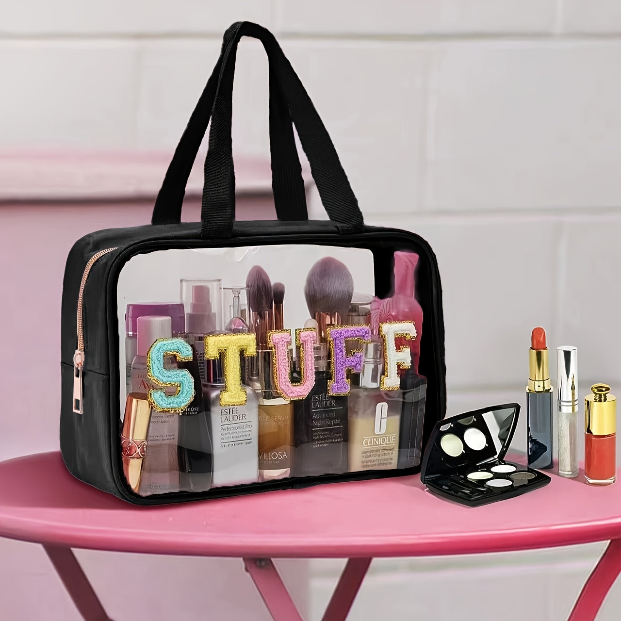 Large Transparent Makeup Organizer Bag with SURF Embroidery | Foldable Travel Cosmetic Pouch with Double-Handle Zipper