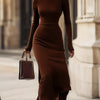 Women's High Neck Fitted Knit Dress - Long Sleeve Over-the-Knee Fall/Winter (95% Polyester 5% Spandex)