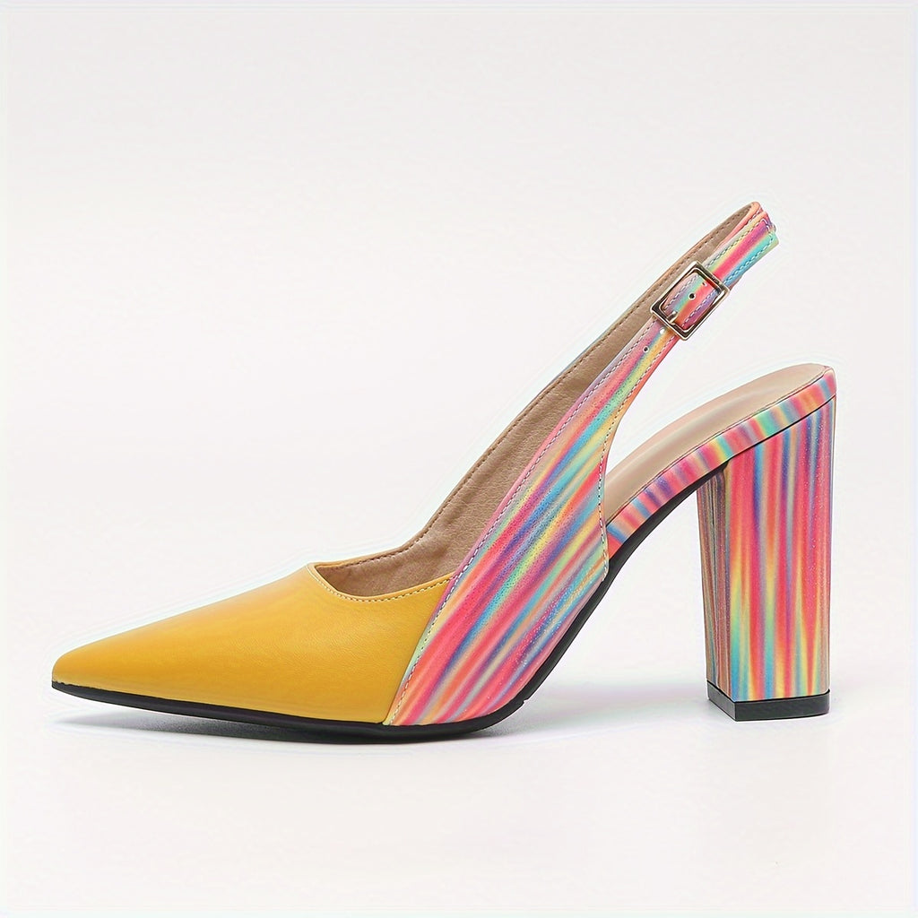 Rainbow Chunky Block Heel Pointed-Toe Non-Slip Slip-On Women's Heeled Sandals