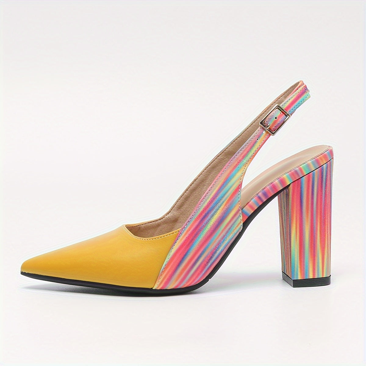 Rainbow Chunky Block Heel Pointed-Toe Non-Slip Slip-On Women's Heeled Sandals
