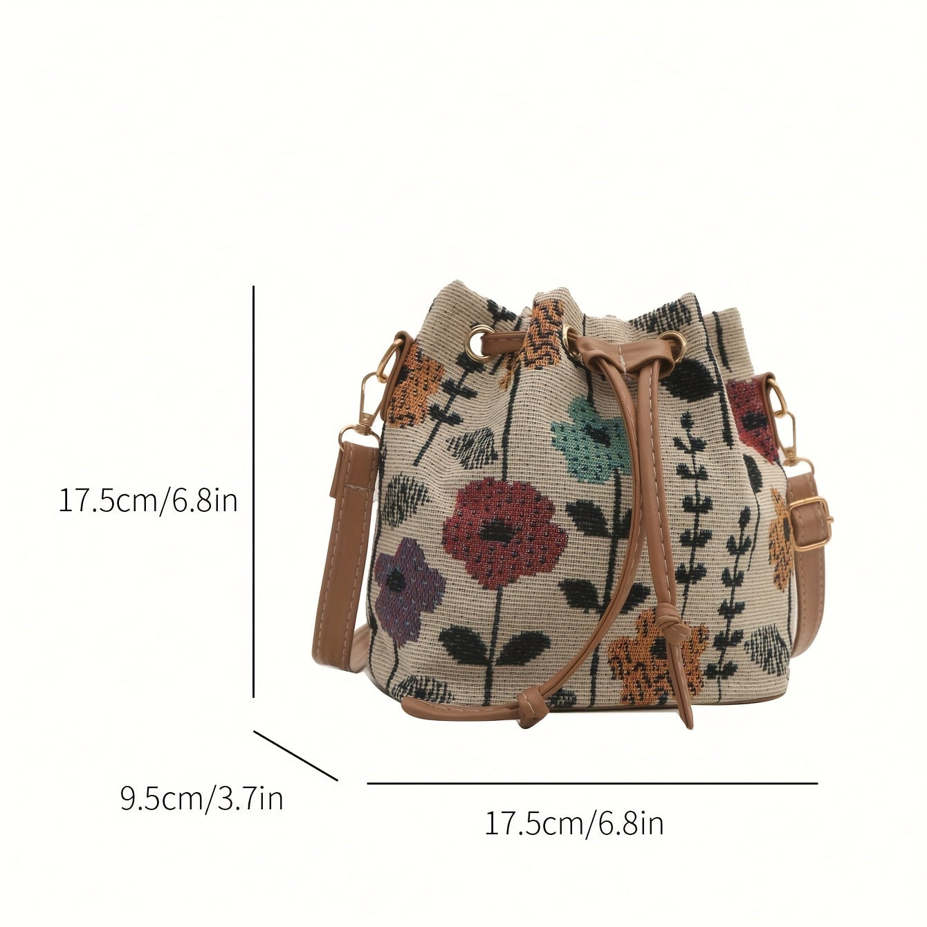 Floral Mini Crossbody Bucket Bag with Drawstring - Turmeric Fabric, Polyester Lining (6.8" x 6.8" / 17.3 x 17.3 cm)