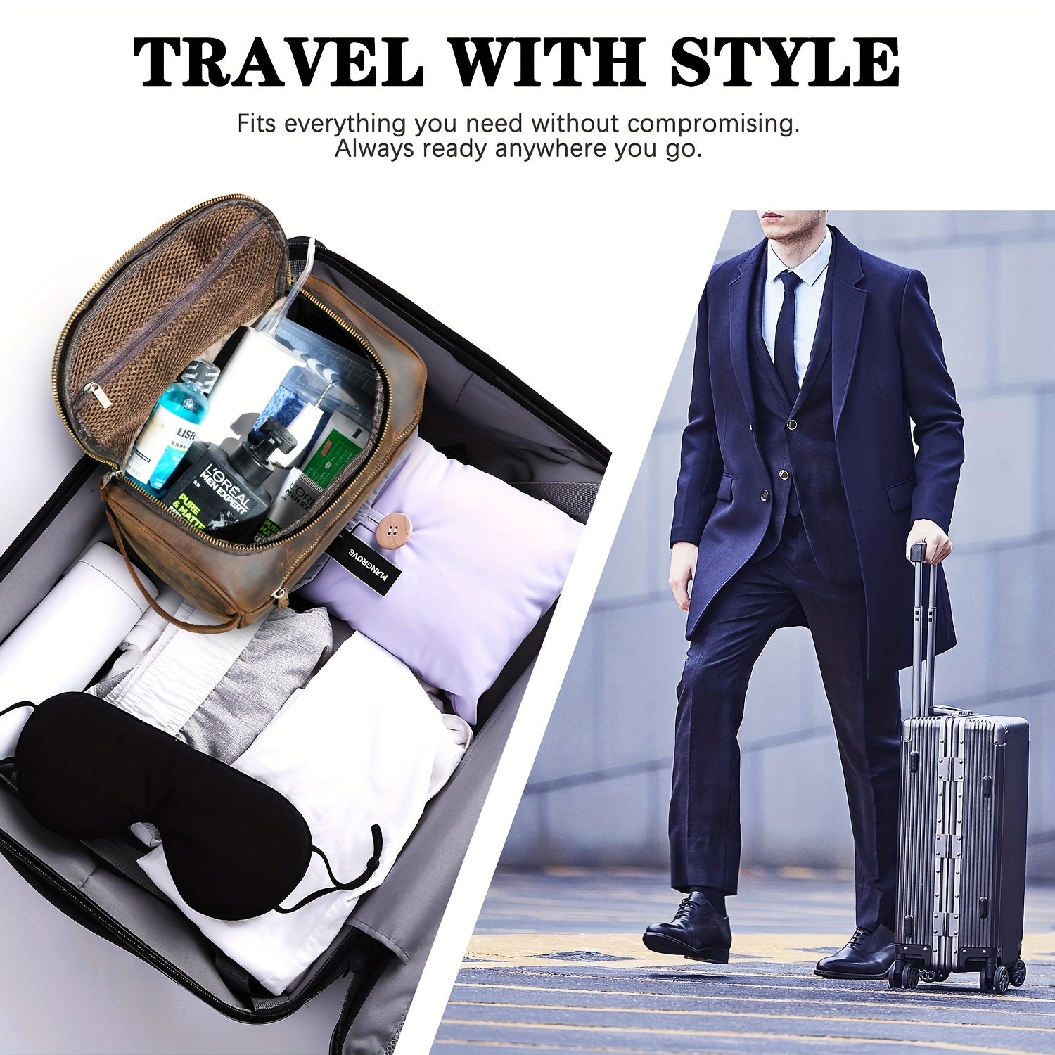 Top-Grain Cowhide Leather Men's Retro Dopp Kit Toiletry Bag – Zippered Multi-Compartment