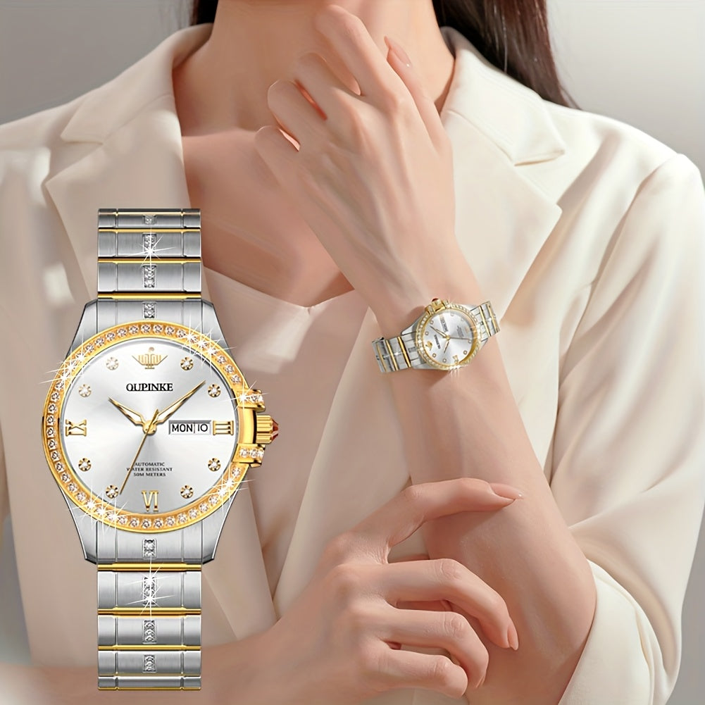 OUPINKE Women's Automatic Mechanical Watch – Two-Tone Stainless Steel, Luminous Dial, Day & Date Dress Watch