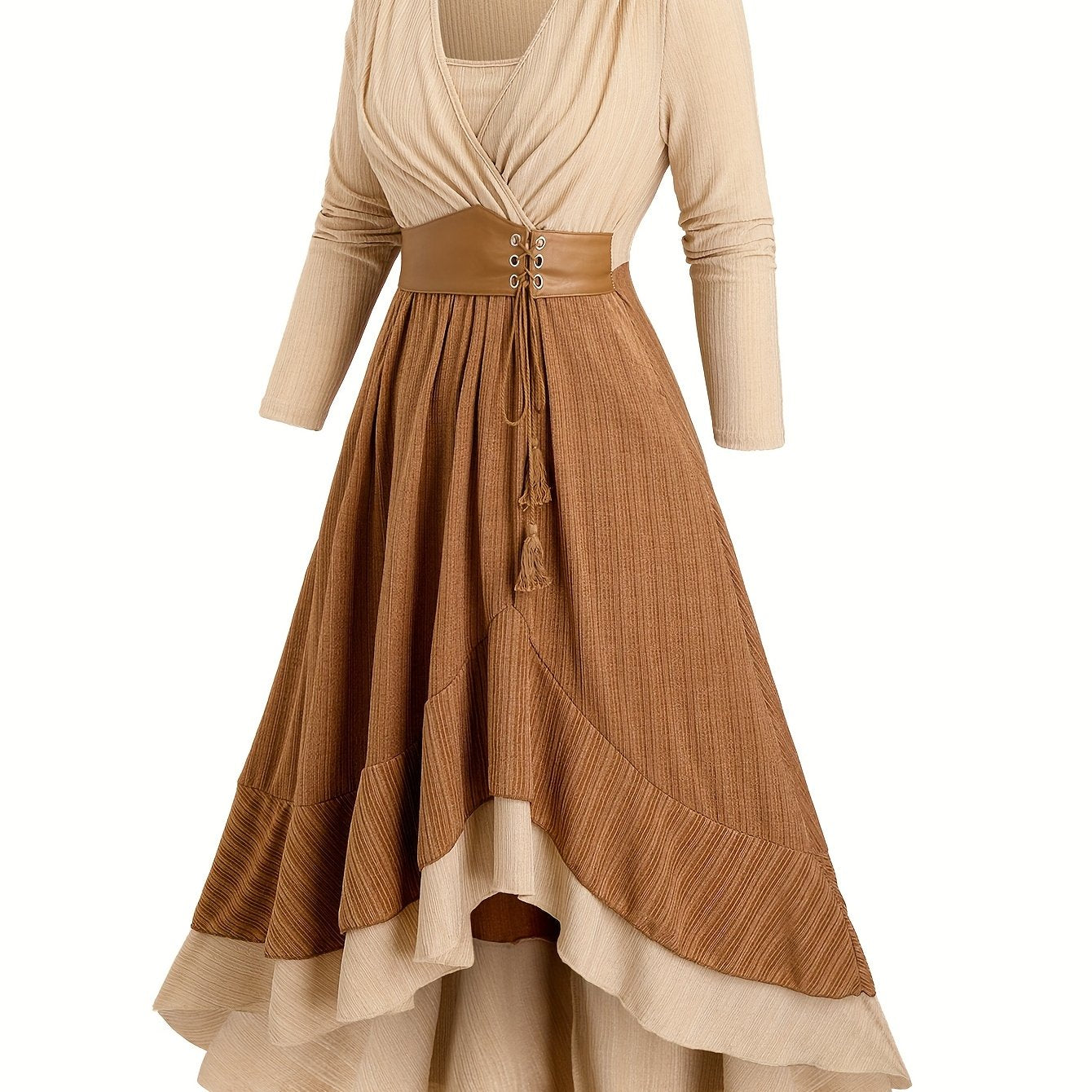 Plus Size V-Neck Ribbed Knit Dress — Color Block Patchwork, Tassel Hem & Belted Waist, Stretch Polyester for Spring/Fall