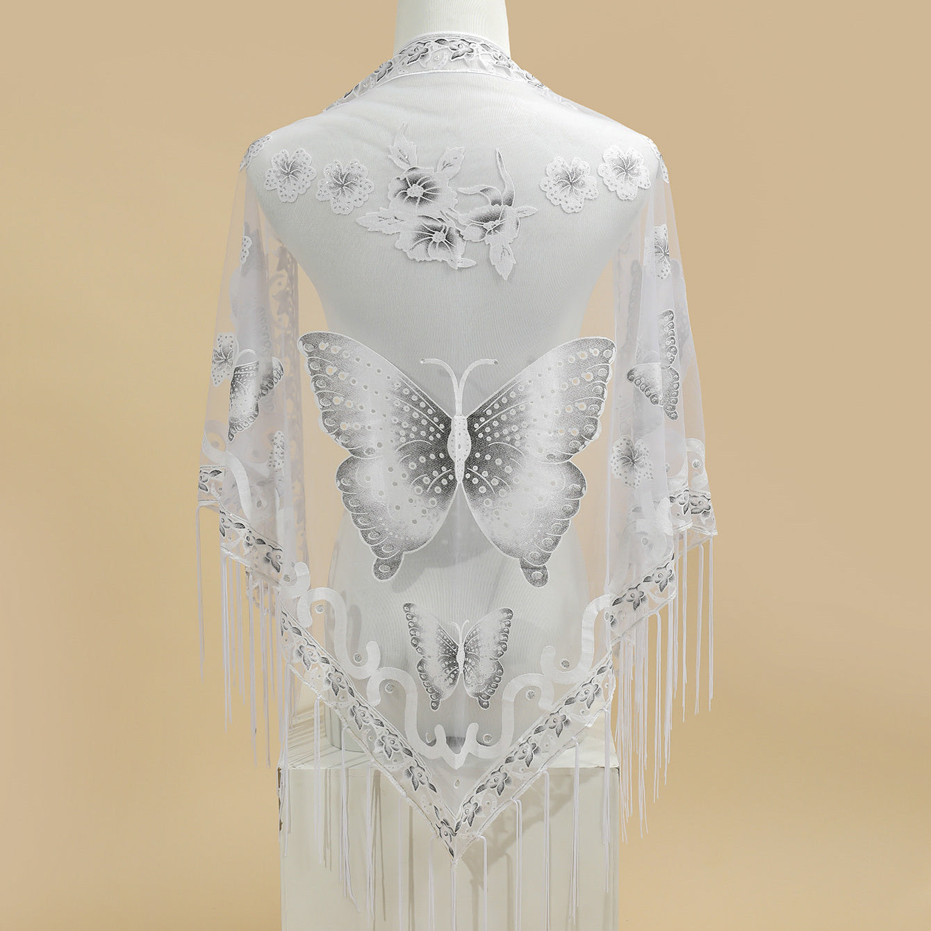 Breathable Embroidered Triangle Scarf 29.5 in x 55.1 in (75 x 140 cm) Lace Tassel Shawl Wrap