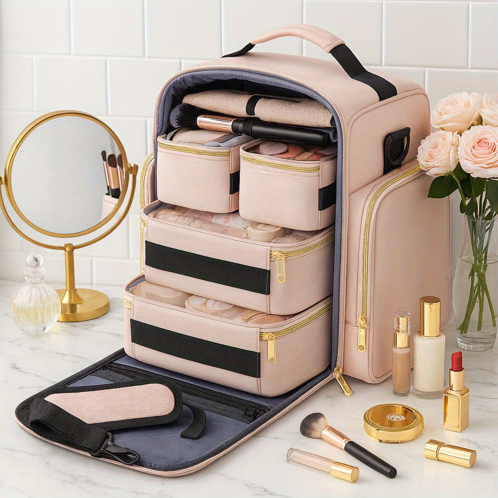 Large Travel Makeup Organizer for Women – Pink Cosmetic Bag with 4 Removable Cases & Jewelry Roll, Portable Toiletry Case with Multiple Pockets and Zipper Closure