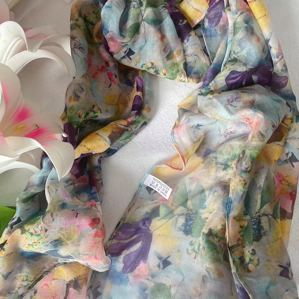 Bohemian Floral Sheer Scarf for Women, Lightweight Polyester Bali Yarn Shawl, Handwash or Dry Clean