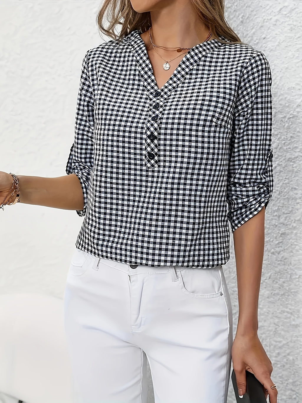 Women's Polyester V-Neck Plaid Blouse with Button Detail and Roll-Up Sleeves, Casual Spring Summer Fall Top