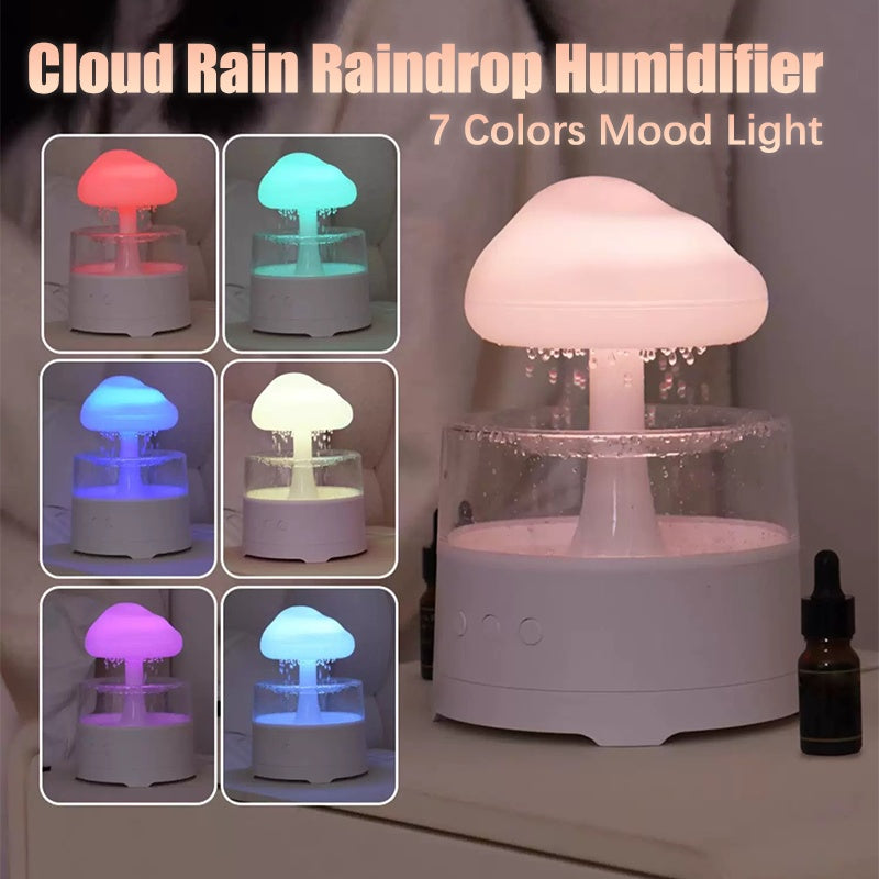Rain Cloud Aroma Diffuser, 7-Color Mushroom Waterfall Humidifier with Night Light & Water Droplet Sound, USB Powered (White)