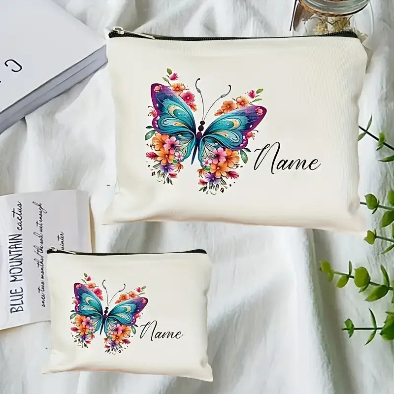 Personalized Women's Makeup Bag – Custom Cursive Name Cosmetic Pouch with Floral Butterfly Print, Creamy Beige Zippered Travel Organizer